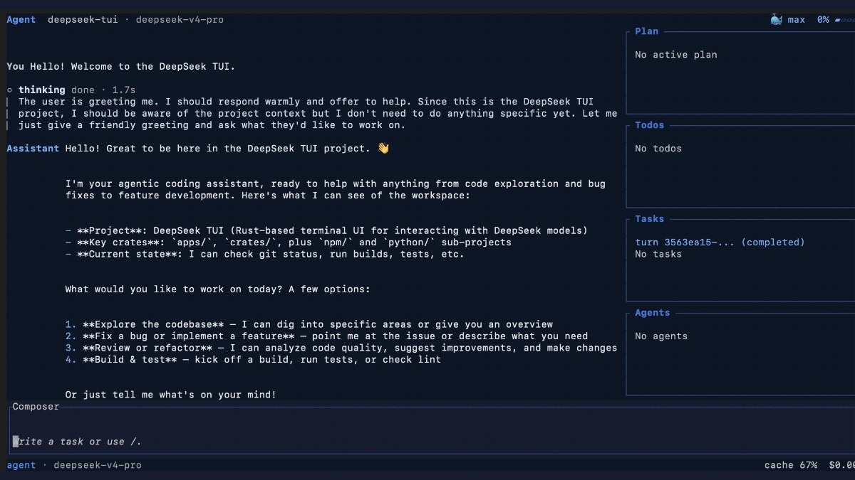 DeepSeek-TUI - 终端 AI 编程助手，专为 DeepSeek V4 系列模型设计